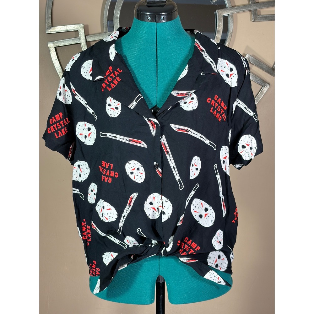 Friday the 13th Jason Voorhees Camp Crystal Lake Tie Front Shirt XXL Black Rayon
